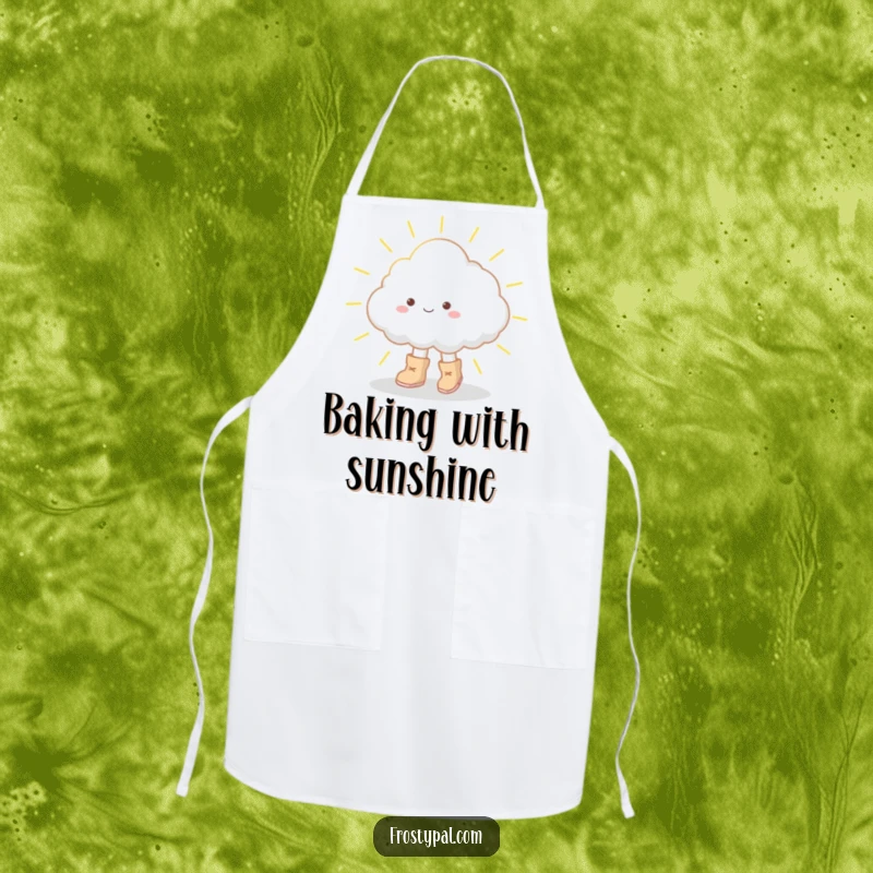 Funny apron showing a cloud in big boots tiptoeing on a sunbeam, bringing a touch of whimsy and lightheartedness to the kitchen.