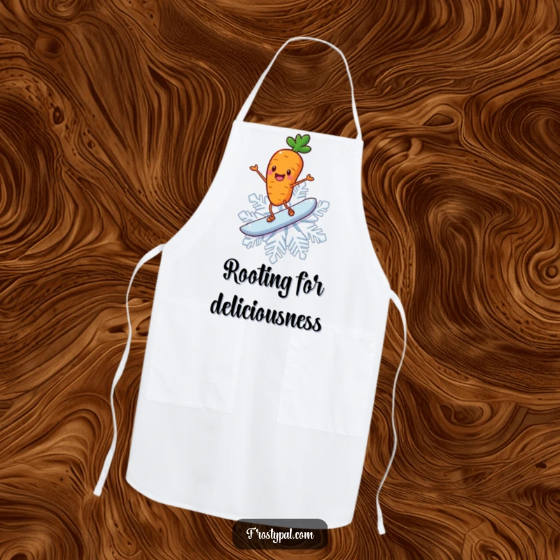 Funny carrot apron with a cheerful carrot with stick legs joyfully surfing on a giant snowflake.