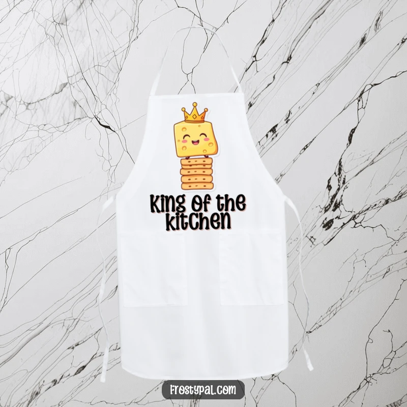 Funny apron showing a smiling cheese slice wearing a crown, balancing on crackers, perfect for a humorous cook.