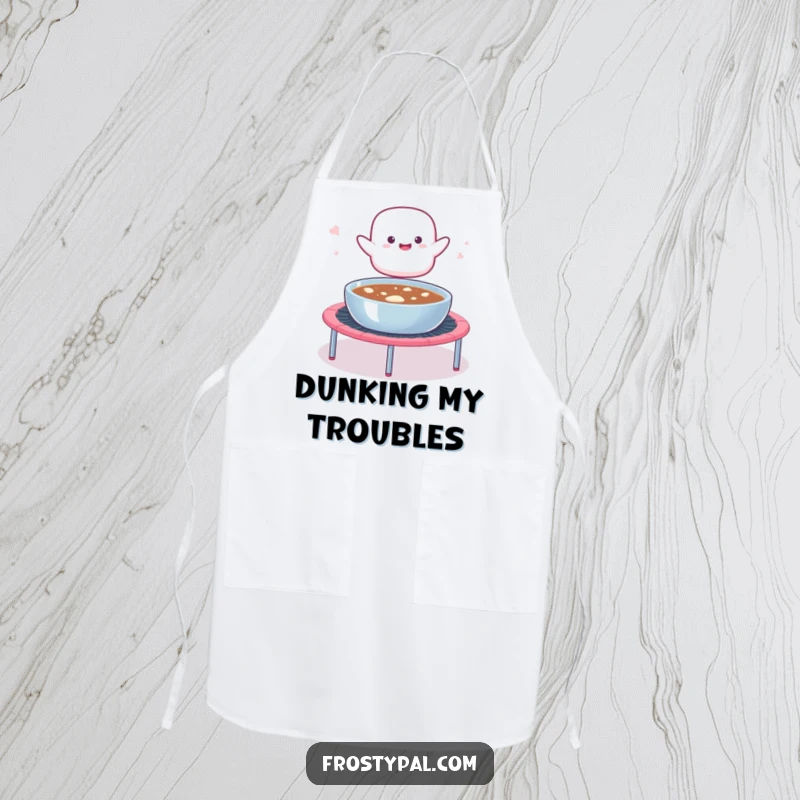 Funny apron illustrating a marshmallow blob launching from a trampoline into hot cocoa, bringing sweet fun and humor to the kitchen.