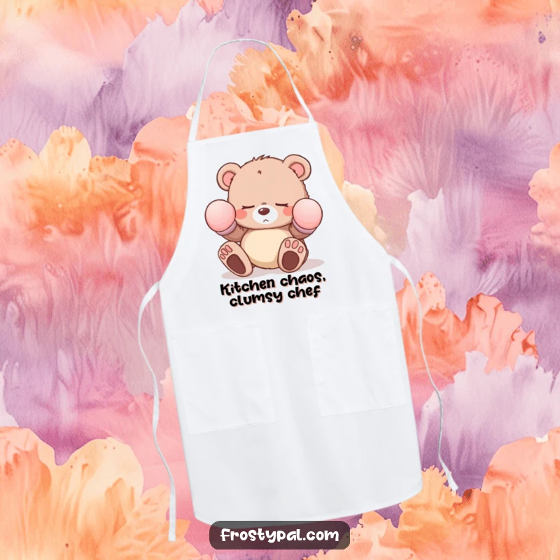 Funny sleepy bear cub apron with oversized mittens tripping, depicting a comical chef character and adding humor to kitchen attire.