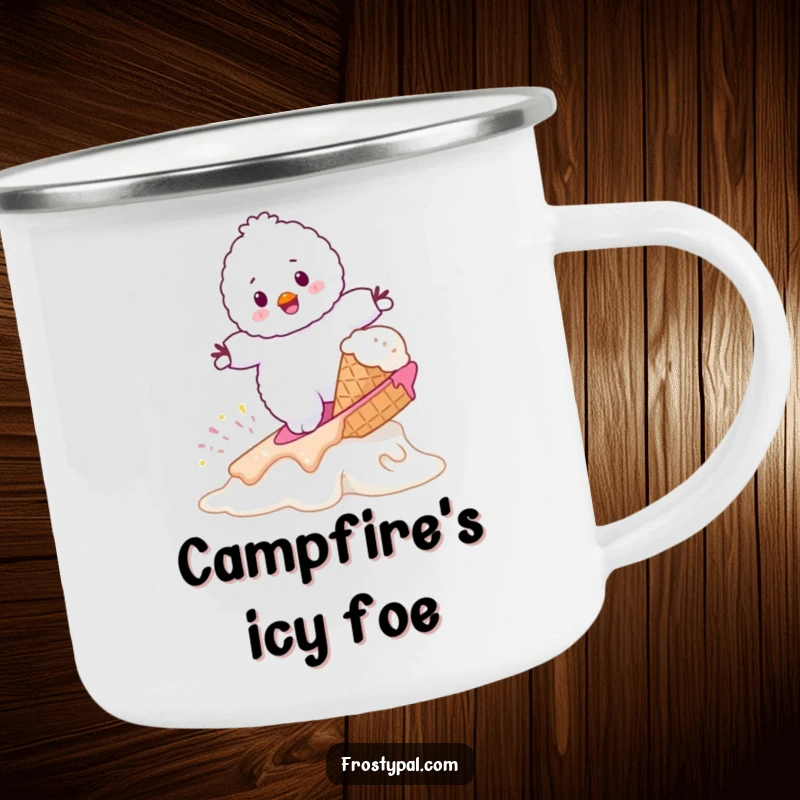 Funny fluffy white snowman trying to surf on a melting ice cream cone, a durable and humorous camping mug.