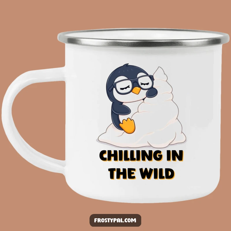 Funny Penguin Camping Mug: Creamy Slide Adventure, Hilarious Enamel Cup for Campers