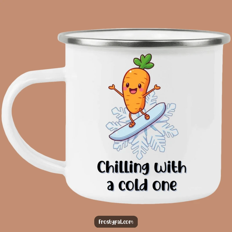 Funny Carrot Camping Mug: Snow Surfer Fuel, Hilarious Enamel Cup for Outdoor Fun