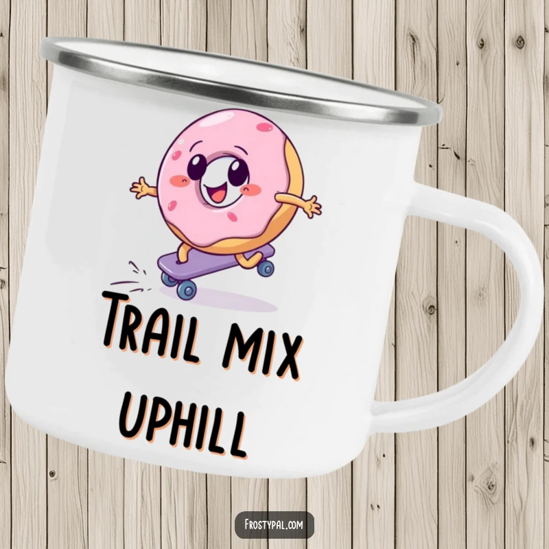 Funny camping mug with a donut aggressively roller skating uphill, inspiring determination on any adventure, a rugged and humorous gift.
