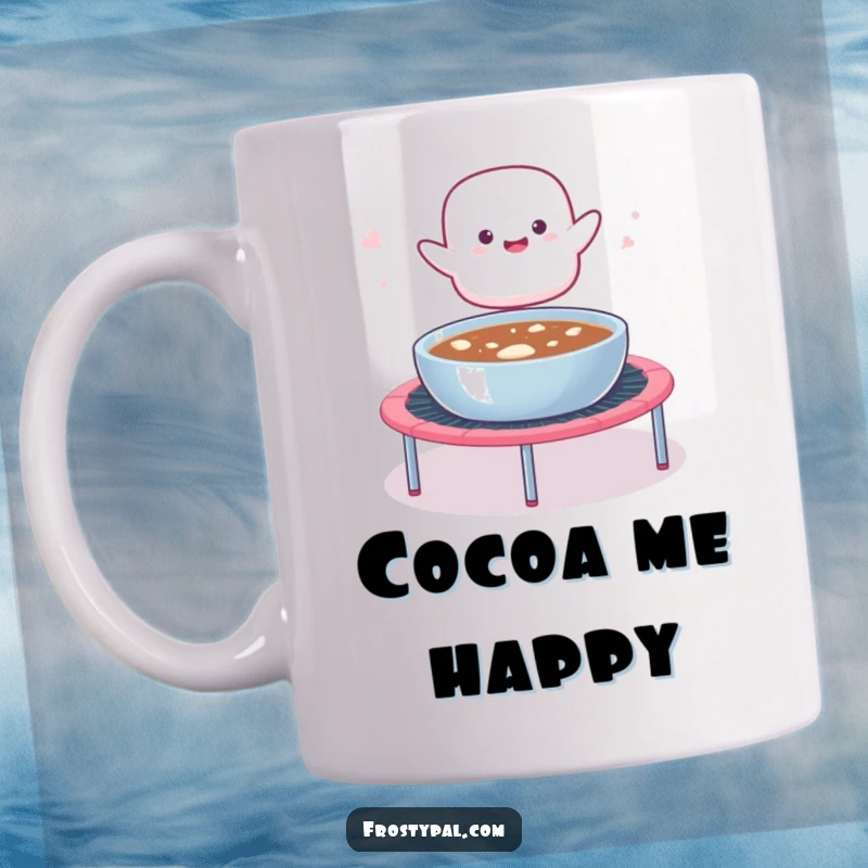 Funny mug showing a bouncy marshmallow blob hilariously launching from a trampoline into a bowl of hot cocoa, pure sweet joy.