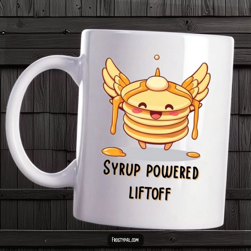 Funny pancakes mug with syrup wings attempting to fly, showcasing breakfast humor and a whimsical, clumsy character.
