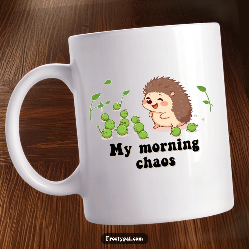Funny mug showing a giggling hedgehog struggling to herd a group of rolling peas, a scene of cute, comical effort.