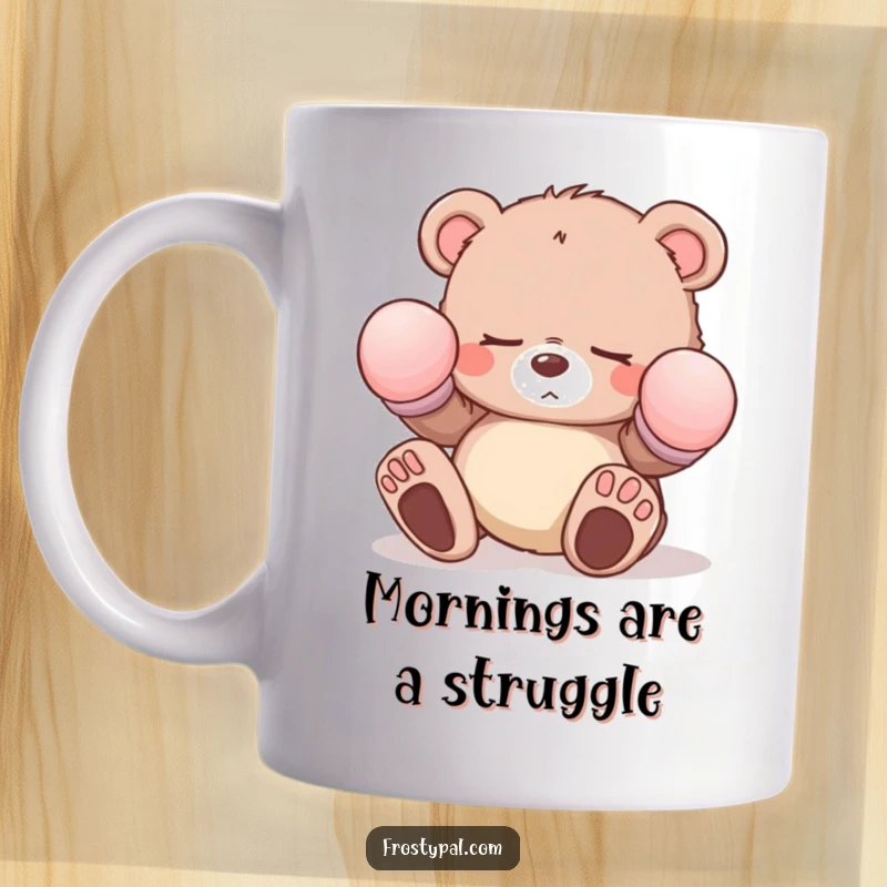 Funny sleepy bear cub mug wearing oversized mittens and tripping, showcasing adorable clumsiness and a heartwarming, sleepy character.