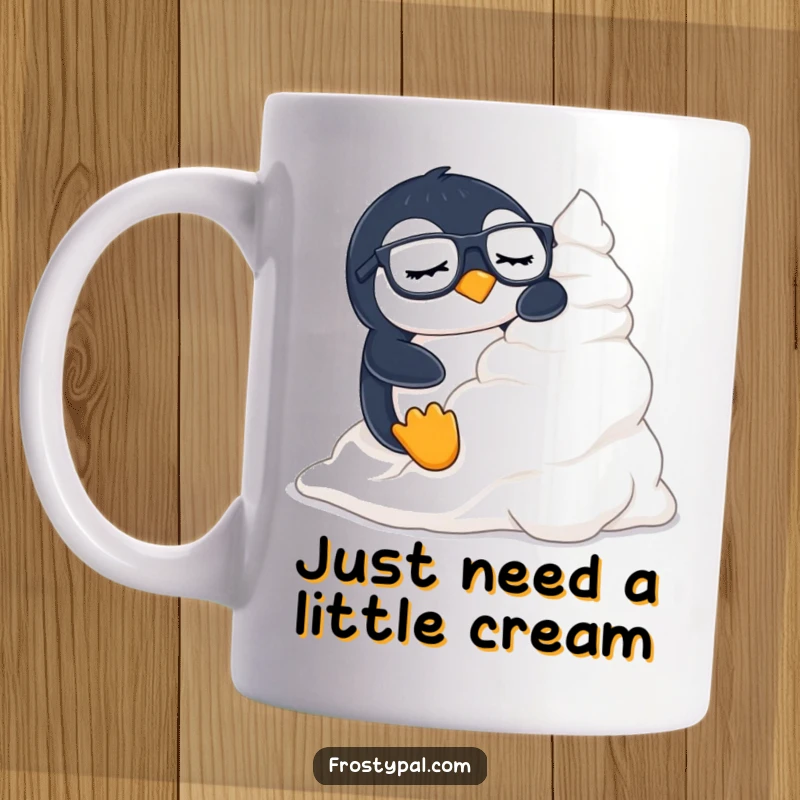 Funny penguin mug shows a sleepy penguin with glasses sliding down a mountain of whipped cream.