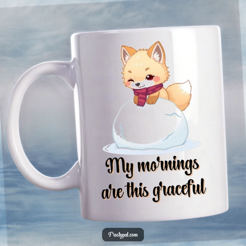 Funny arctic fox mug shows a fluffy fox in a scarf tripping comically over a massive snowball.
