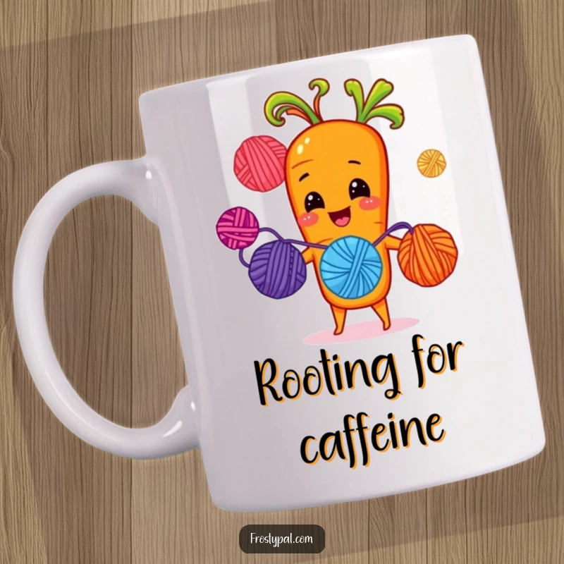 Funny cheerful carrot juggling brightly colored yarn balls with sprout-hands, a whimsical and humorous mug for crafters.