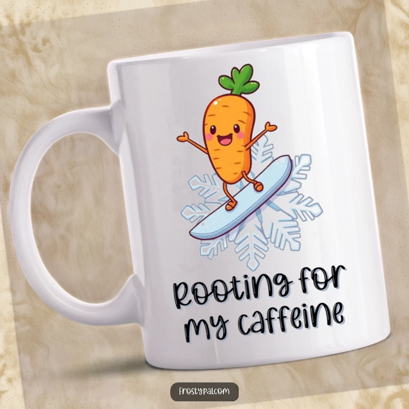 Funny surfing carrot mug shows a cheerful carrot with stick legs joyfully riding a giant snowflake.
