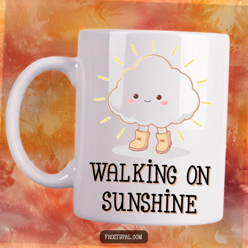 Funny mug featuring a small fluffy cloud in oversized boots tiptoeing across a sunbeam, full of delicate charm and humor.