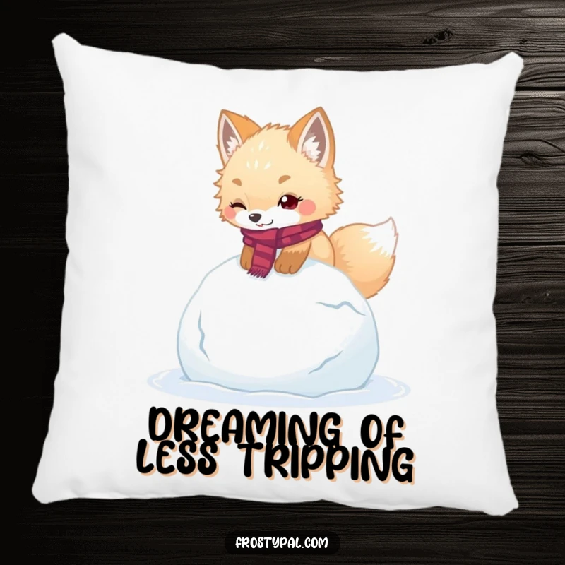 Funny arctic fox pillow showing a fluffy fox in a scarf tumbling over a giant snowball.