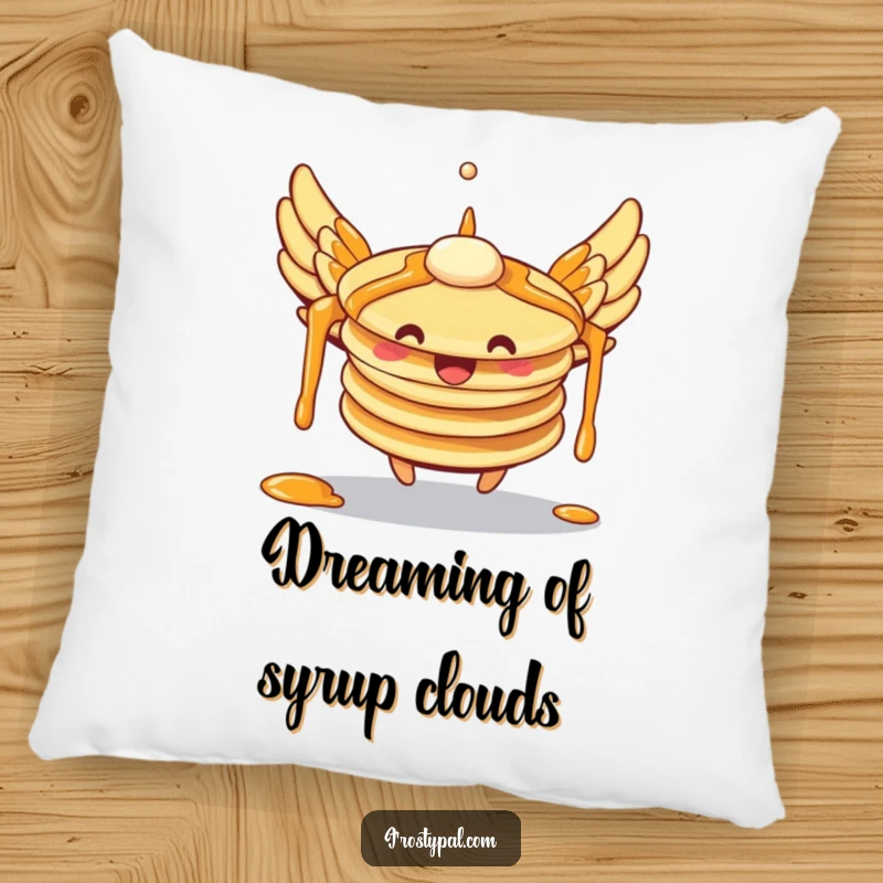 Funny pancakes pillow with syrup wings attempting flight, showing a cute breakfast character and providing a soft, humorous decorative accent.