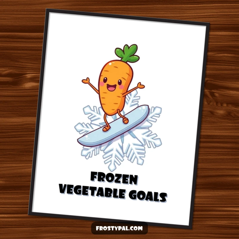 Funny carrot digital art print, a cheerful carrot with stick legs joyfully surfing on a giant snowflake.