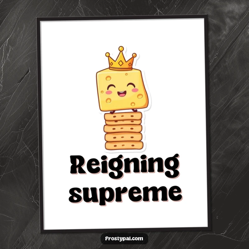 Funny digital art print of a smiling cheese slice king with a crown, balanced on crackers, for instant humorous decor.