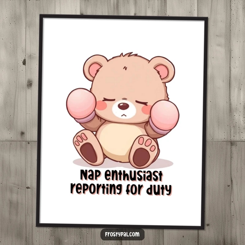 Funny sleepy bear cub digital art print with oversized mittens tripping, depicting a comical and adorable character for instant wall decor.