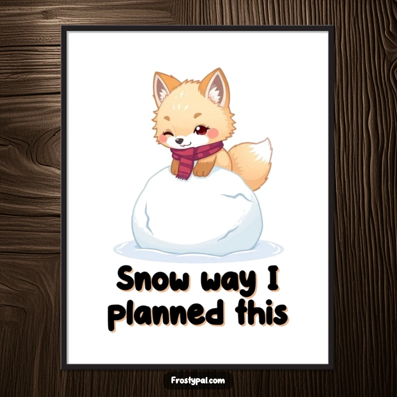 Funny arctic fox digital art print of a fluffy fox in a scarf humorously tripping over a huge snowball.
