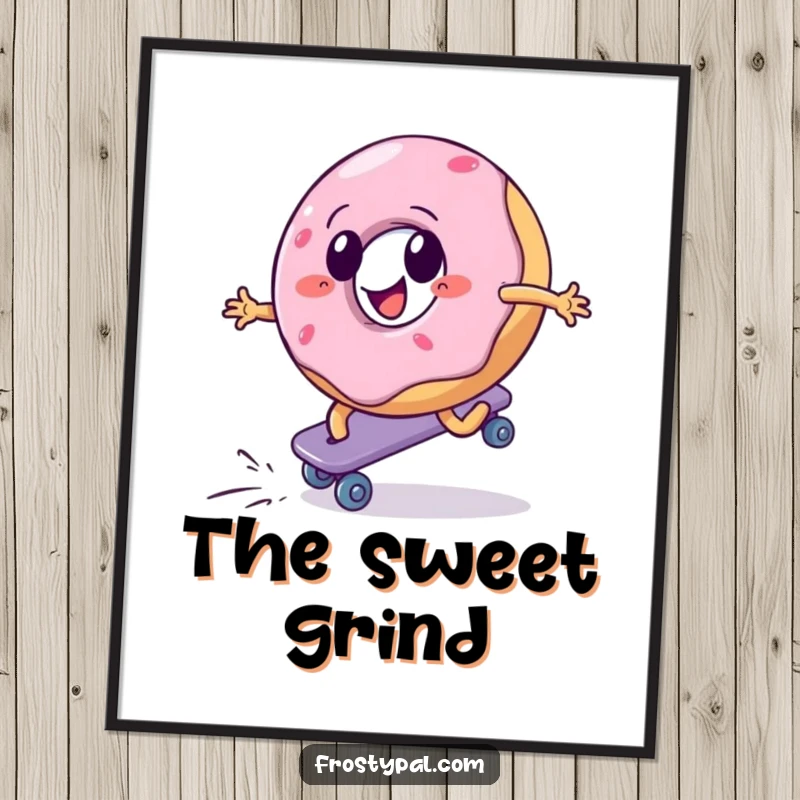 Funny digital art print of a donut aggressively roller skating uphill, a vibrant and humorous illustration of perseverance.