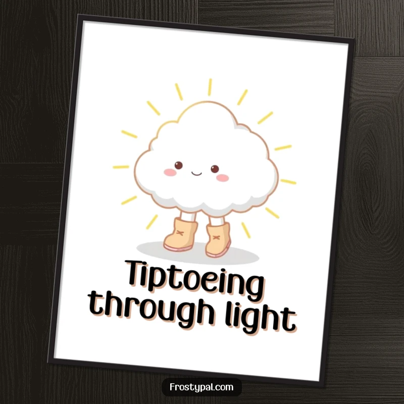 Funny digital art print of a small cloud wearing big boots tiptoeing on a sunbeam, a delightful and humorous illustration.