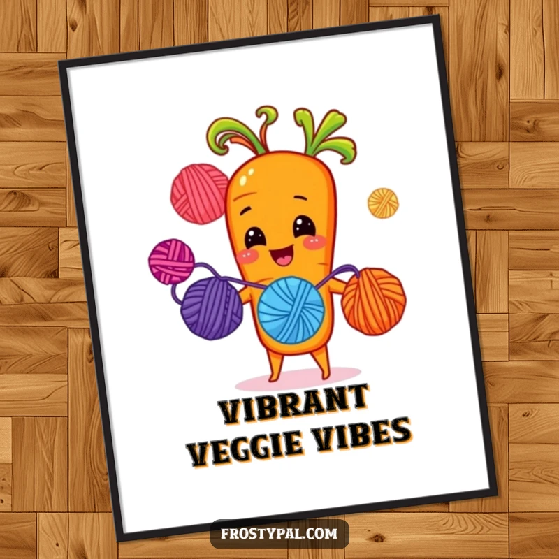 Funny cheerful carrot juggling brightly colored yarn balls with sprout-hands, cheerful and humorous digital art.