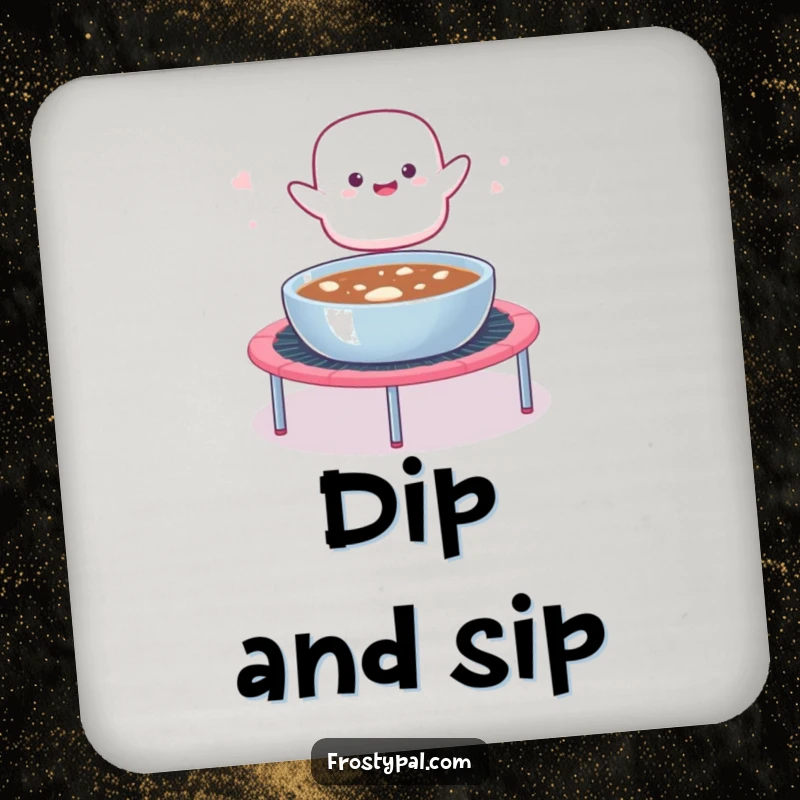 Funny drink coaster featuring a marshmallow blob launching from a trampoline into hot cocoa, adding a sweet and humorous touch to tables.