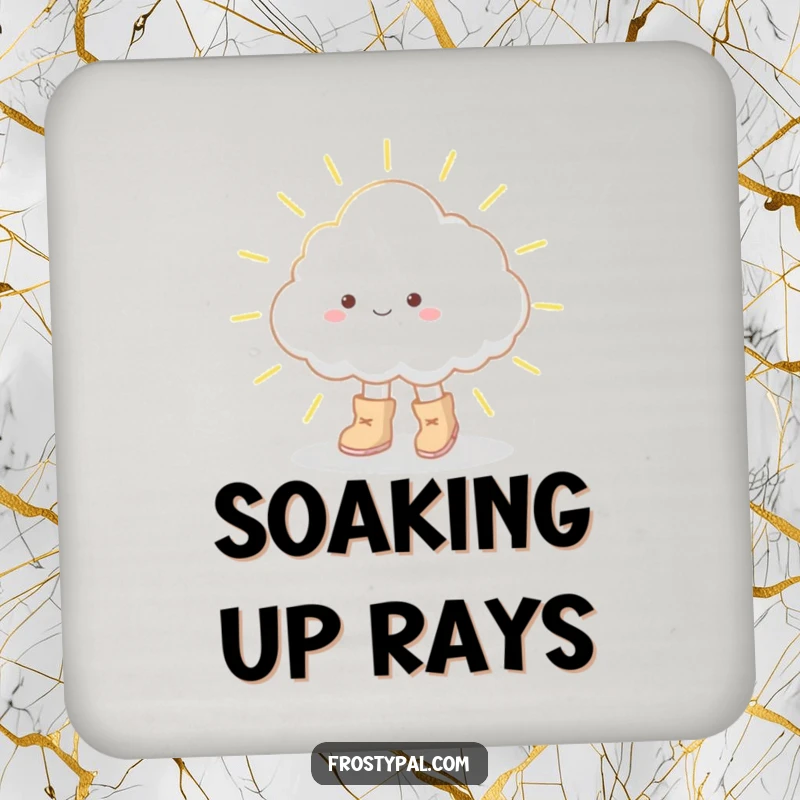 Funny drink coaster featuring a cloud in oversized boots tiptoeing on a sunbeam, adding a whimsical touch to table settings.