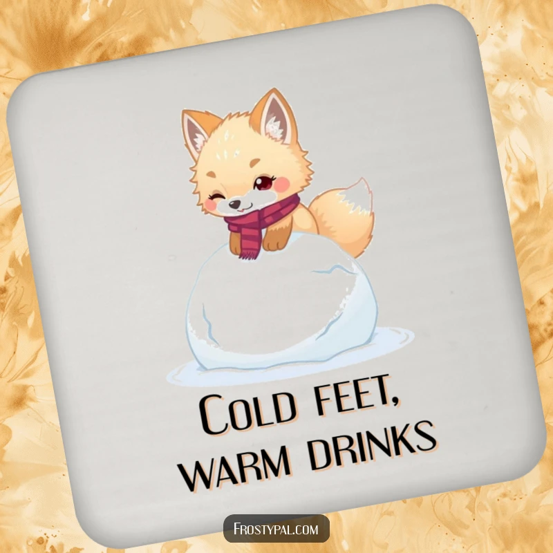 Funny arctic fox drink coaster showing a fluffy fox in a scarf humorously tripping over a giant snowball.