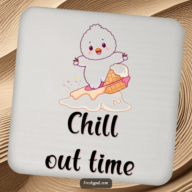 Funny fluffy white snowman attempting to surf on a melting ice cream cone, a humorous and protective drink coaster.