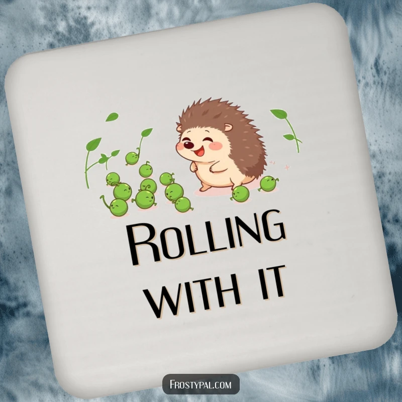 Funny drink coaster featuring a giggling hedgehog herding peas, a humorous and protective accessory.
