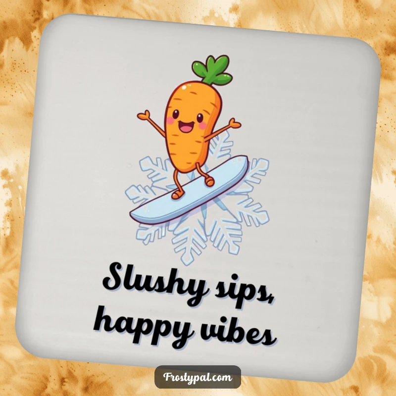 Funny carrot drink coaster showing a cheerful carrot with stick legs joyfully surfing on a giant snowflake.