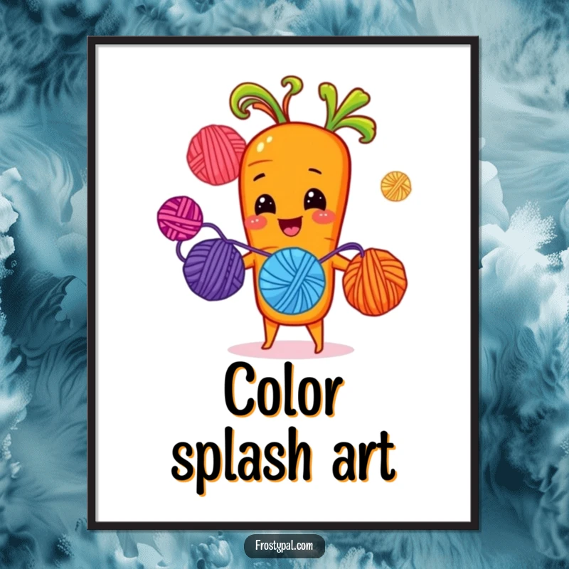 Funny cheerful carrot juggling brightly colored yarn balls with sprout-hands, cheerful and humorous wall art.