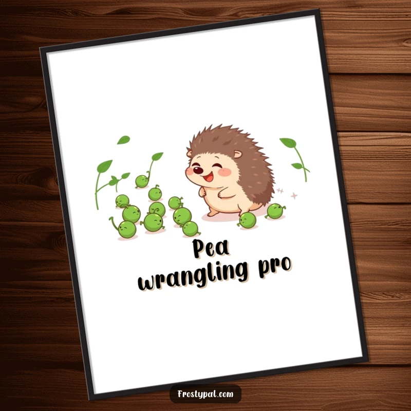 Funny poster of a giggling hedgehog attempting to herd a flock of runaway peas, a whimsical and humorous scene.