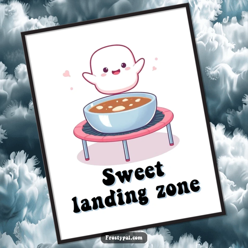 Funny poster showing a marshmallow blob hilariously launching from a trampoline into a bowl of hot cocoa, a sweet and humorous scene.