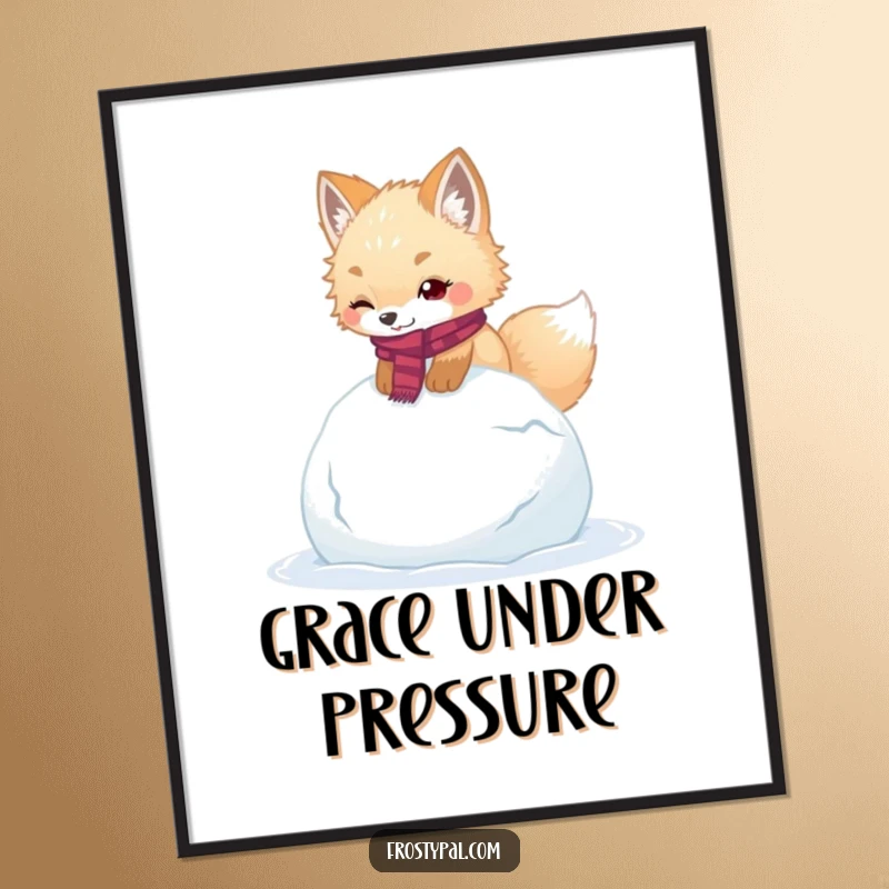 Funny arctic fox poster illustrating a fluffy fox with a scarf, humorously tripping over a massive snowball.