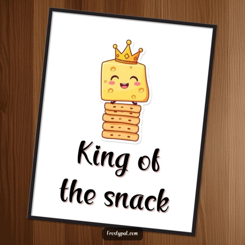 Funny poster print of a smiling cheese slice crowned like a king, precariously balanced on a stack of crackers.