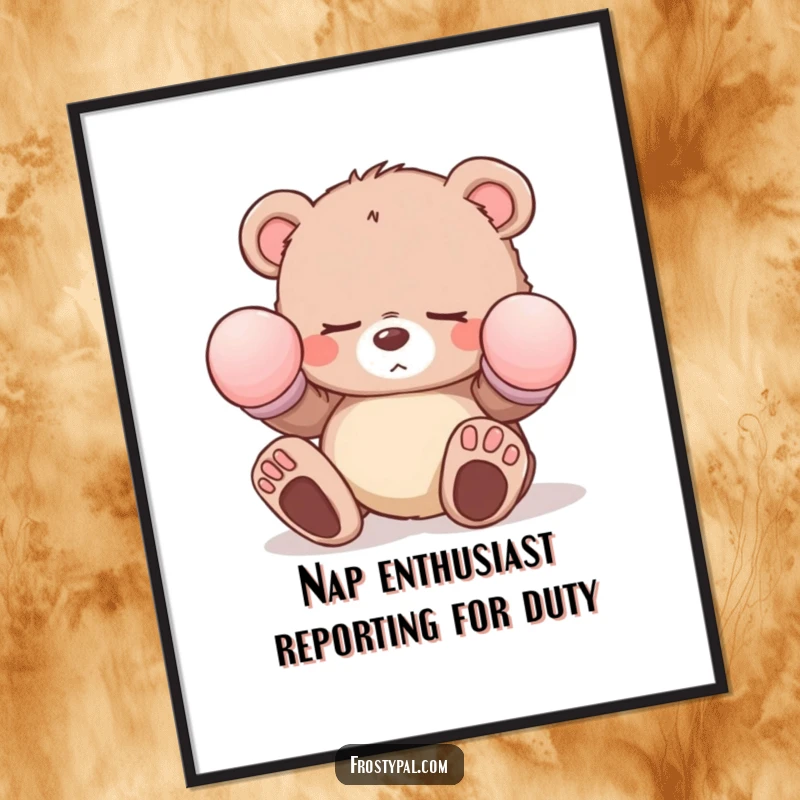 Funny sleepy bear cub poster with oversized mittens and tripping, illustrating a comical yet endearing character for charming wall art.