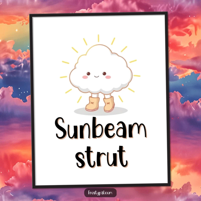 Funny poster showing a fluffy cloud in oversized boots tiptoeing across a bright sunbeam, creating a serene and humorous scene.