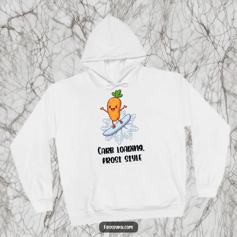 Funny carrot hoodie shows a cheerful carrot with stick legs surfing gleefully on a giant snowflake.