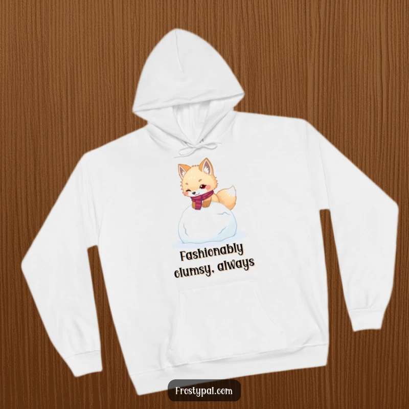 Funny arctic fox hoodie illustrates a cute, scarf-clad fox hilariously tripping over a giant snowball.