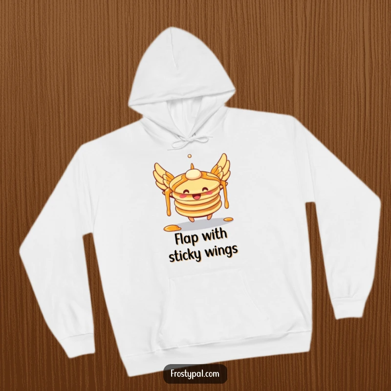 Funny pancakes hoodie with syrup wings attempting flight, showing a comical breakfast character and a heartwarming, humorous design.
