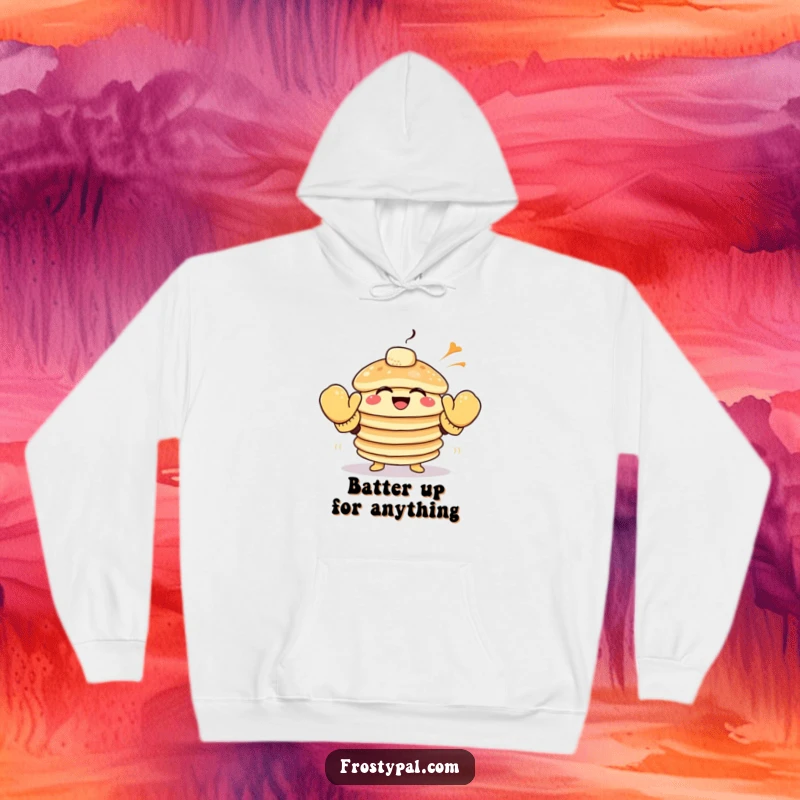 Funny pancake hoodie shows a giggling stack of pancakes in large mittens attempting a high-five with the wind.