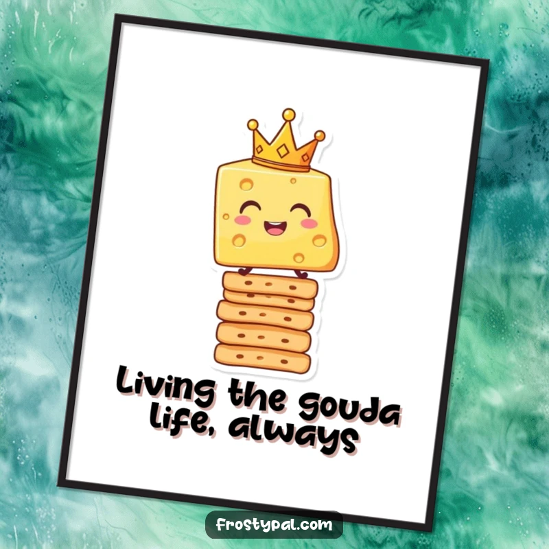 Funny Free Printable Wall Art of a smiling cheese slice wearing a crown, skillfully balancing on a tall stack of crackers.