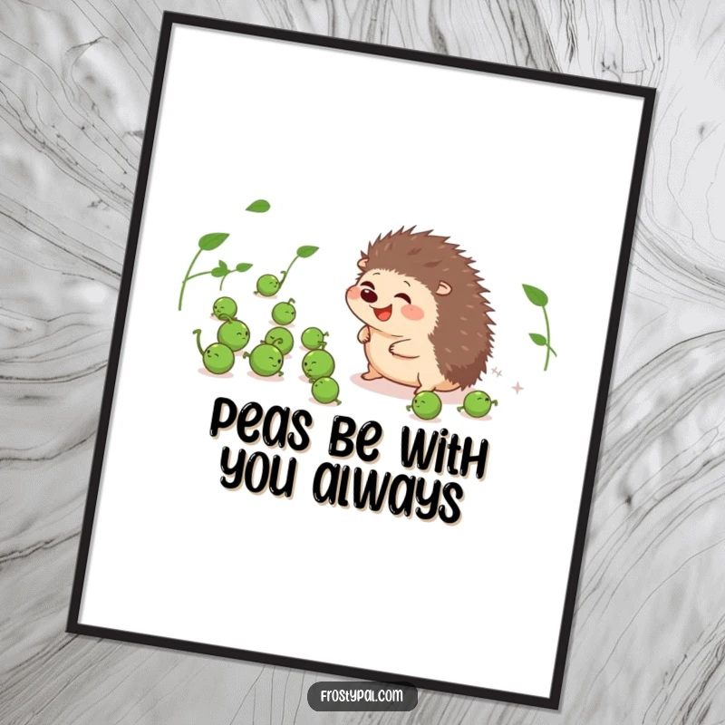 Funny Free Printable Wall Art depicting a giggling hedgehog hilariously attempting to herd a scattering of runaway peas.