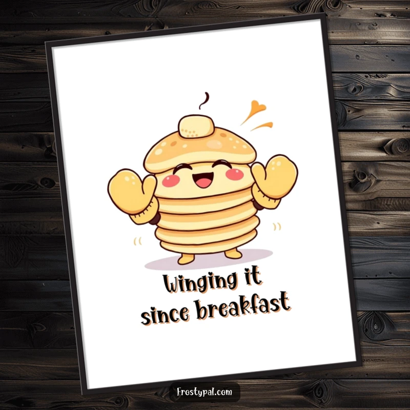 Funny Free Printable Wall Art: A stack of pancakes in large mittens giggling while trying to high-five a gust of wind.