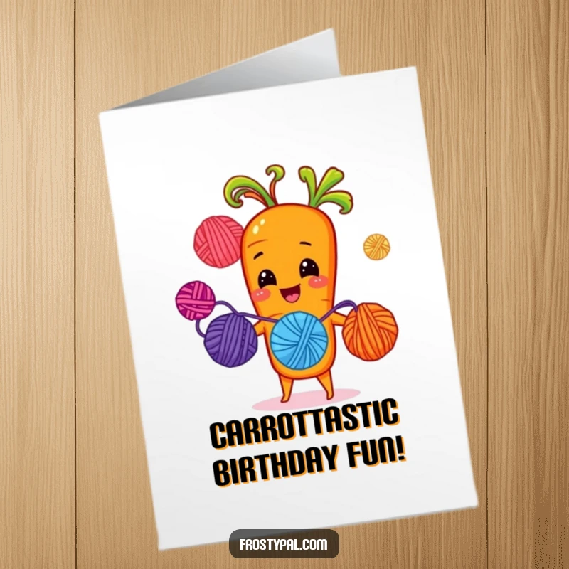 Funny free printable birthday card: a cheerful carrot juggling colorful yarn balls with its sprout-hands, celebrating happily.