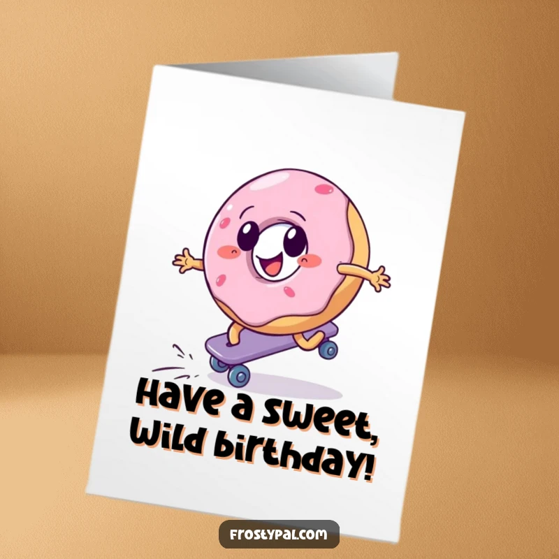 Funny Free Printable Birthday Card: A cheerful donut aggressively roller skating uphill, showing determination with humor.