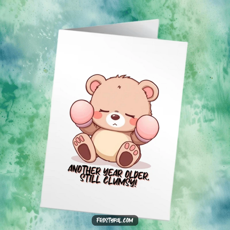 Funny free printable birthday card showing a sleepy bear cub in oversized mittens tripping, looking endearingly clumsy.